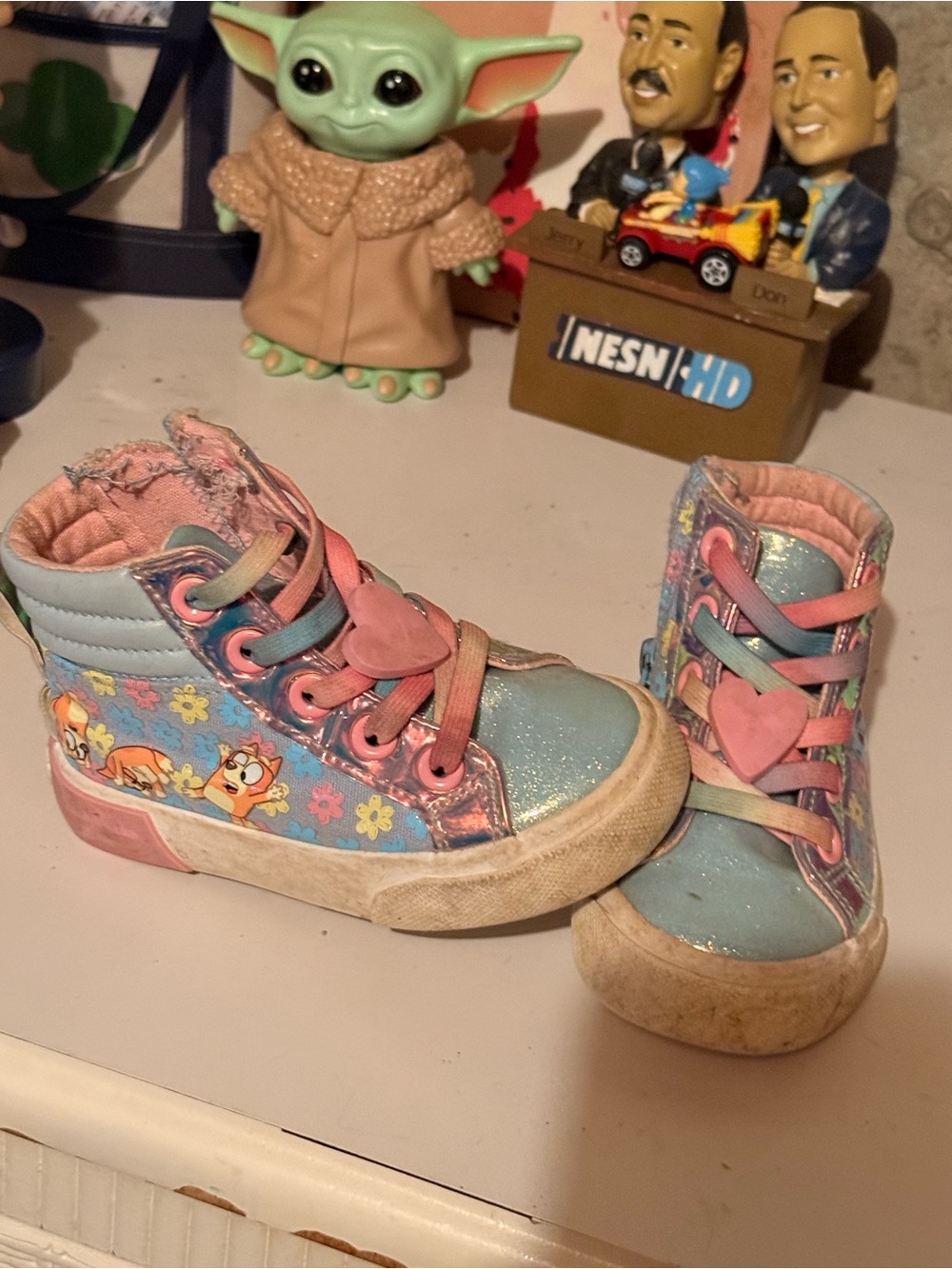 Kids' Glitter Pastel Blue & Pink High-Top Sneakers with Heart Laces